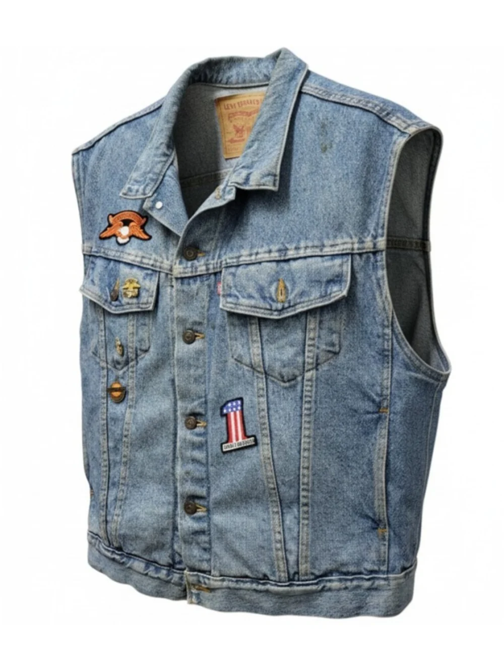 Levi's Denim #70595 Custom 100% Cotton Blue Vest Embroidered Patchwork Size XL